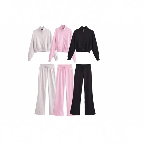 Women Stand Up Collar Zipper Sweatshirt And Flare Pants Tracksuit Polyester Blend Casual Streetwear Outfit
