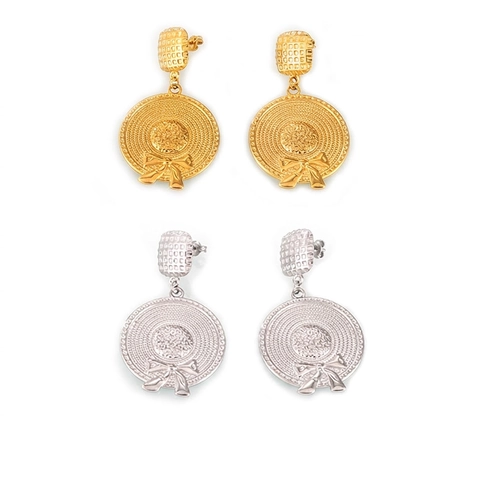 Creative Straw Hat Drop Earrings Titanium Steel Woven Texture Bowknot Pendant Sweet Fashion Jewelry For Women