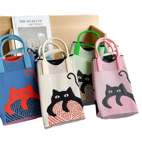 Women Knitted Mini Phone Bag Cute Cat Heart Pattern Crossbody Handbag Lightweight Polyester Portable Small Purse