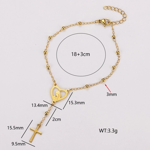 Rosary Bead Bracelet 304 Stainless Steel 18K Gold Plated Cross Virgin Mary Heart Pendant Religious Elegant Trendy Niche