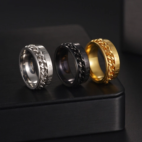Anillo Giratorio de Acero de Titanio con Runas Vikingas para Hombre Mujer Cadena Giratoria Anillo de Banda Joyería de Mitología Nórdica Retro Punk Oro Plata Negro