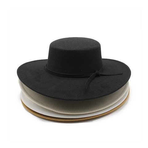 Boater Hat Wool Blend Felt Wide Brim British Vintage Elegant Flat Top Jazz Cap With Ribbon Band For Women Men