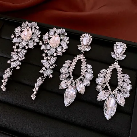 Pendientes De Gota De Diamantes De Imitación De Lujo Para Mujer Borla Larga Gota De Agua Flor Hueca Aleación Con Poste De Plata
