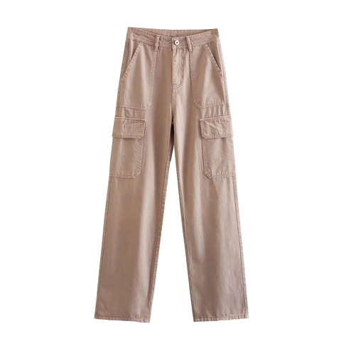 Women Casual Cargo Pants High Waist Straight Leg Multi Pockets Solid Color Brushed Cotton Work Pants For Daily Streetwear
