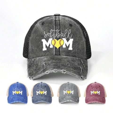 Women Distressed Baseball Cap Washed Cotton Mesh Trucker Hat Softball Mom Heart Print Adjustable Retro