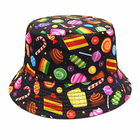 Fischerhut Bunter Cartoon Süßigkeiten Druck Polyester Sonnenschutz Outdoor Reisen Retro Stil Für Damen Studenten
