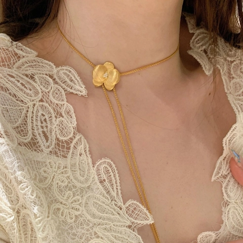 Elegant Flower Pendant Necklace 18K Gold Plated Copper With Zircon Water Drop Adjustable Lariat Chain For Women