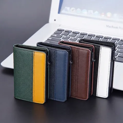 Slim RFID Blocking Card Holder PU Leather Aluminum Alloy Pop Up Minimalist Wallet For Men Women Portable Organizer