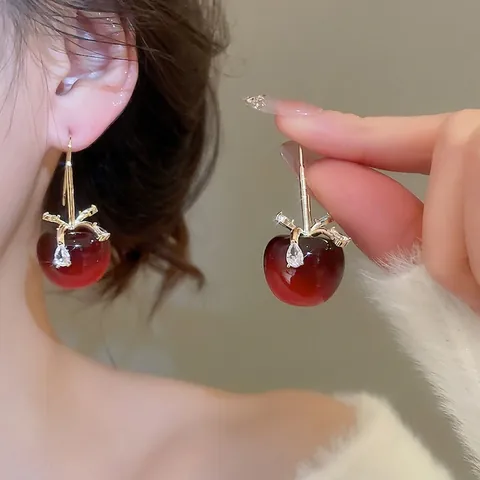 Cherry Dangle Earrings Red Resin Fruit Shape With Zircon Bowknot And 925 Sterling Silver Earring Post For Women Fashion
