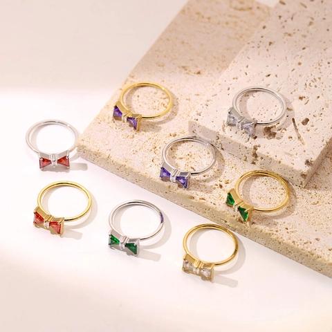 Bowtie Ring Stainless Steel Sparkling Colorful Cubic Zirconia Elegant Jewelry For Women Fashion Minimalist Accessory