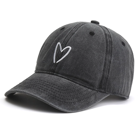 Washed Cotton Baseball Cap Heart Embroidery Adjustable Vintage Denim Sun Hat For Outdoor Activities Unisex