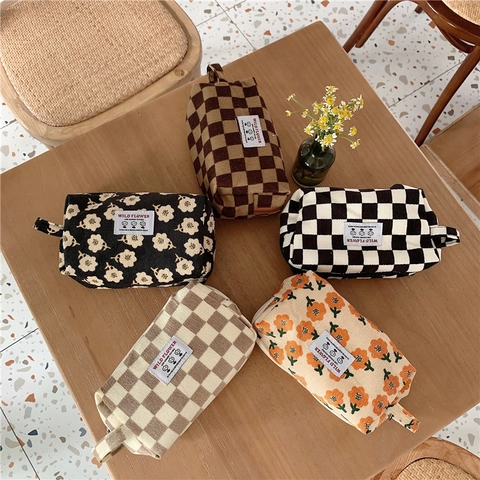 Corduroy Cosmetic Bag Checkerboard Floral Makeup Pouch Zipper Toiletries Organizer Handheld Travel Storage Women Ins Style