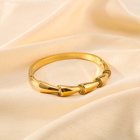 Bamboo Joint Bangle Bracelet 18K Gold Plated Stainless Steel Asymmetric Geometric Inlaid Zircon Jewelry For Women