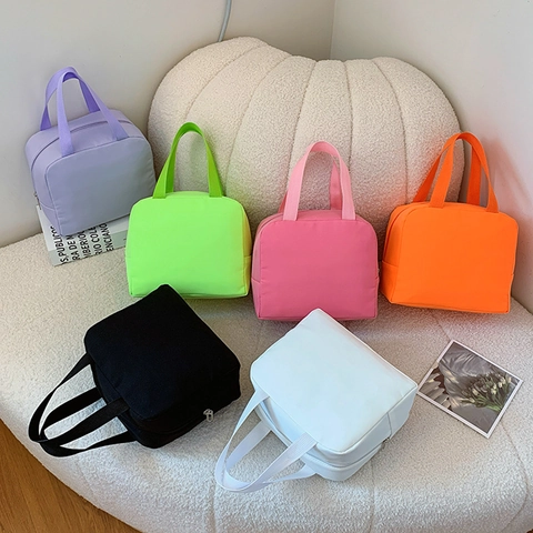 Portable Insulated Lunch Bag For Kids Thermal Handbag Nylon Canvas School Picnic Tote Cute Solid Color