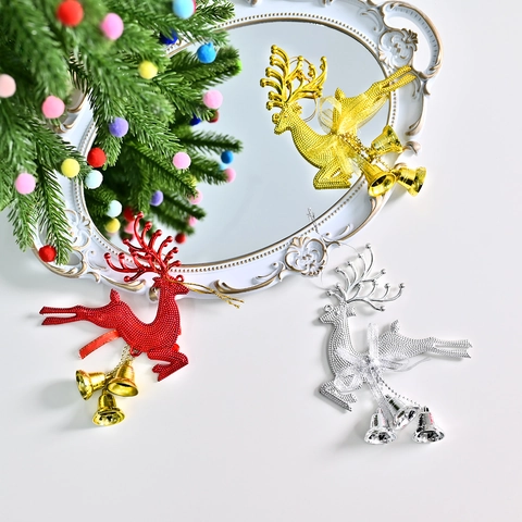 Christmas Reindeer Hanging Ornament Glitter Plastic Deer With Bells And Ribbon Bow Holiday Tree Decoration Accessory