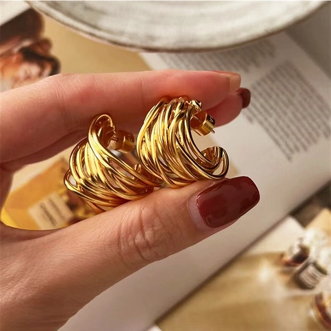 Orecchini A Cerchio A Forma Di C Multistrato Filo Intrecciato Rame Con Perno In Argento Sterling 925 Placcato Oro Per Donna