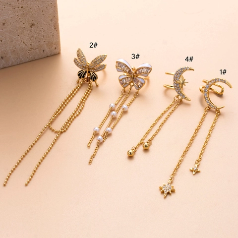 Ear Cuffs Non Piercing Copper Earrings Butterfly Star Moon Tassel Dangle Zircon Faux Artificial Pearl Trendy Jewelry For Women
