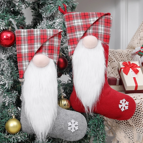 Weihnachtsstrumpf Filz Kunstpelz Gesichtsloser Gnom Langer Bart Schneeflocke Stickerei Karierte Manschette Haus Dekor