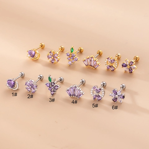 Piercing Cartilagine Orecchino Zircone Viola Acciaio Inossidabile Chiusura Sfera Vite Fiore Cuore Farfalla Gioielli Moda