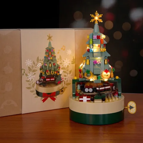 Weihnachten Bausteine Spieluhr DIY Rotierender Baum Schneemann Lebkuchenhaus Desktop Ornament Festliches Geschenk