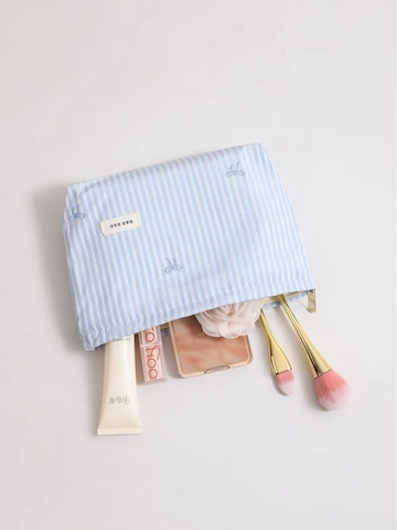 Cosmetic Bag Canvas Jacquard Travel Toiletry Organizer Plaid Stripe Pattern Bow Embroidery Zipper Pouch For Women