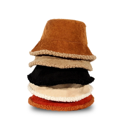Women Winter Bucket Hat Corduroy Sherpa Lined Warming Panama Cap Casual Retro Soft Foldable