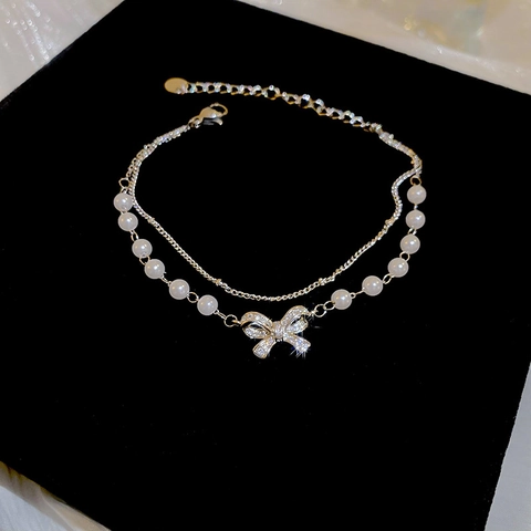Double Layer Bowknot Artificial Pearl Bracelet Zircon Inlaid Alloy Sweet Elegant Adjustable Chain Hand Jewelry For Women