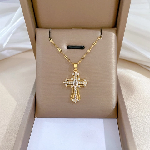 Lussuosa Collana Con Ciondolo A Croce Con Catena In Acciaio Al Titanio E Rame Micro Pavé Di Zirconi Gioielli Vintage Glamour