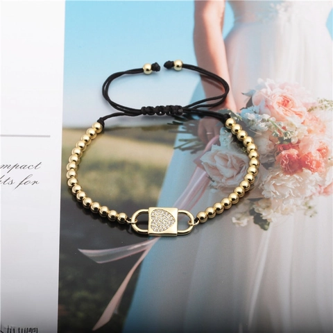 Pulsera Con Amuleto De Corazon Y Candado Cuentas De Cobre Circon Micro-Pave Cordon Trenzado Negro Ajustable Joyeria Mujer