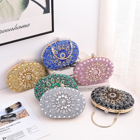 Luxury Rhinestone Evening Clutch Bag Oval Hard Shell Flower Pattern Gemstone Handbag With Metal Handle For Wedding Party