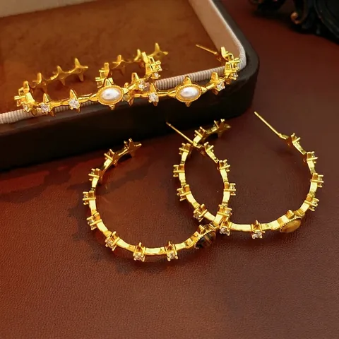 Orecchini A Cerchio Vintage Placcati Oro Con Occhio Di Tigre Perla Artificial E Zirconi Stella Con Silver Earring Post