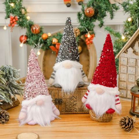Gnomo de Navidad Brillante con Sombrero de Lentejuelas Muñeco de Peluche Sin Rostro Con Luz LED Manga a Rayas Decoración del Hogar Rudolph
