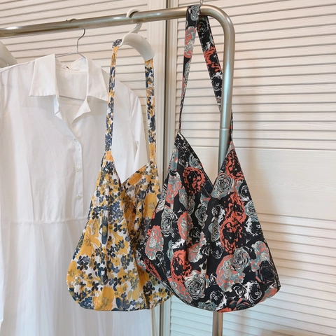 Vintage Bloemenprint Katoenen Draagtas Voor Dames Grote Capaciteit Zacht Lichtgewicht Schoudertas Crossbody Hobo