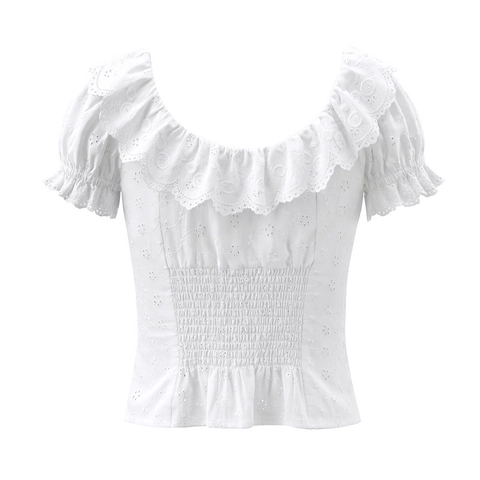 White Blouse Top Eyelet Embroidery Ruffle Collar Puff Sleeve Checkered Buttons French Vintage Slim Fit Short Sleeve