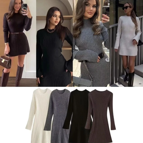 Women Long Sleeve Ribbed Knit Mini Dress Bodycon Slim Fit Mock Neck Solid Color Autumn Winter Casual Fashion Chic