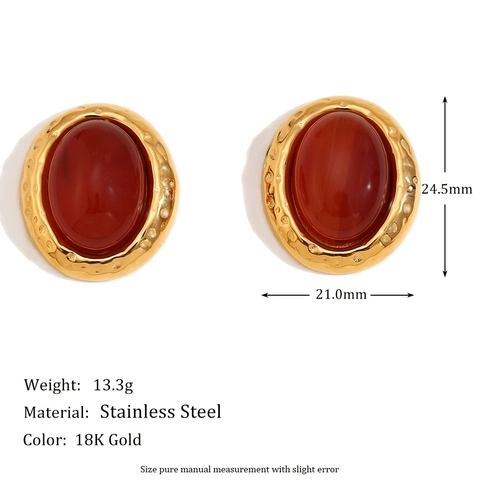 Pendientes De Botón Ovalados Vintage Textura Martillada Bañado En Oro 18K Acero Inoxidable Piedra Natural Elegante Joyería Mujer