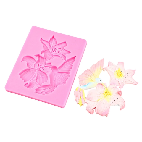 Molde De Silicona Rama De Pájaro Flor De Lirio Para Decoración De Pasteles Fondant Chocolate Resina 3D Relieve DIY Herramienta Para Hornear
