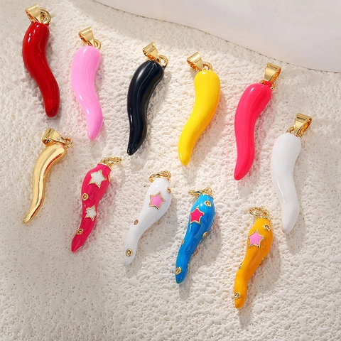 Italian Horn Chili Pendant Gold Plated Copper Enamel Fruit Charm For DIY Jewelry Making Cute Fashion