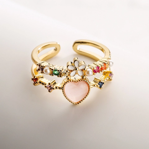Copper Gold Plated Open Ring For Women Heart Cat Eye Stone Micro Inlaid Zircon Enamel Flower Layered Adjustable Jewelry