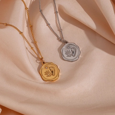 Mode Edelstahl Baby Handabdruck Fußabdruck Anhänger Halskette Für Damen Gold Silber Zirkonia Gedenkmünze Halskette