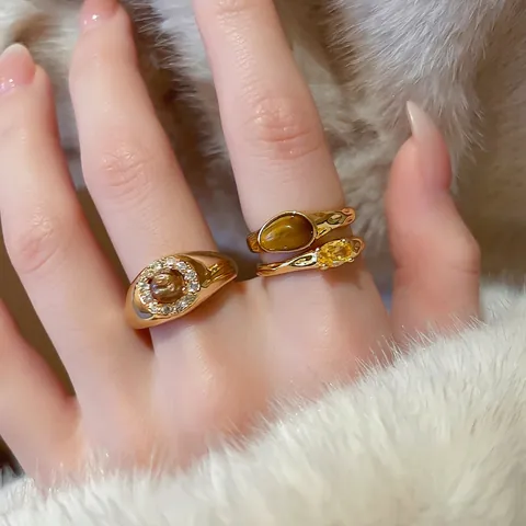 Bague Ouverte Vintage Réglable Cuivre Plaqué Or Véritable Pierre Œil De Tigre Zircon Ovale Géométrique Bijoux De Doigt