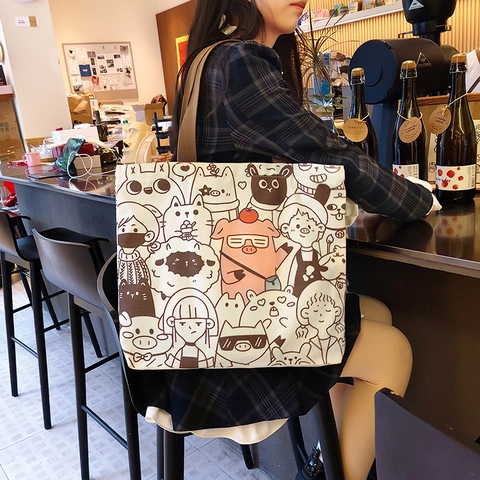 Women Large Capacity Canvas Tote Bag Cartoon Animal Printed Shoulder Bag Korean Style Casual Handbag For School Shopping