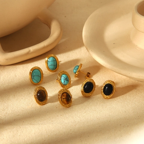 Pendientes De Botón Ovalados De Piedra Natural Turquesa Retro Acero Inoxidable Chapado En Oro Para Mujer Accesorio De Joyería Elegante