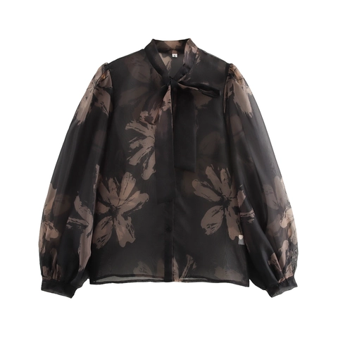 Chemisier Élégant En Maille Transparente À Imprimé Floral Avec Col À Nœud Manches Bouffantes Pour Femmes