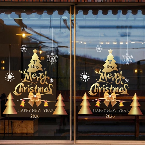 Christmas Window Stickers Gold Static PVC 2026 Happy New Year Glass Door Decals Snowflake Reindeer Tree Double Sided