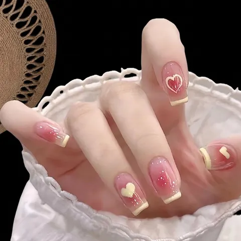 Press On Nails Long Coffin Ballerina Shape Heart Print Pink Blush Gradient French Tips Glossy False Nails