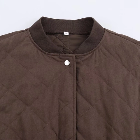 Chaqueta Bomber Acolchada de Moda para Mujer Color Sólido Patrón de Diamante Casual Manga Larga Botonadura Streetwear Abrigo