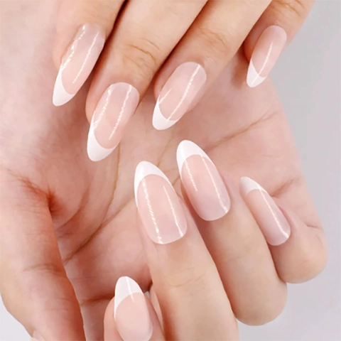 Uñas Postizas Francesas Forma Almendra Rosa Nude Borde Blanco Brillante Manicura Para Mujeres