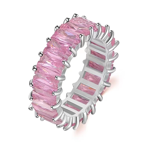 Baguette Cut Zircon Eternity Band Ring Multicolored Rectangle Stones Copper Plated Hip Hop Jewelry For Women Men