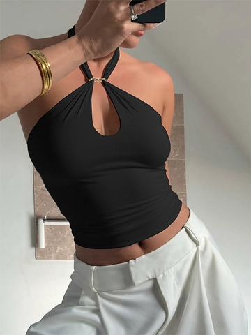 Women Halter Tank Top Polyester Spandex Metal Ring Decor Backless Cutout Slim Fit Sexy Summer Clubwear Sleeveless